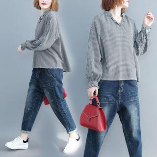 Long-sleeve Plaid Top Plaid - Black - One Size