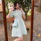 Set: Puff-sleeve Mini A-line Qipao Dress + Crossbody Bag
