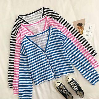 Color-block Striped Single-breasted Long-sleeve Top