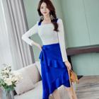 Ruffled-trim Color Block A-line Dress