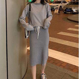 Striped Long-sleeve T-shirt / Drawstring Skirt