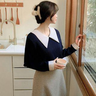 Plus Size Contrast-collar Rib-knit Top