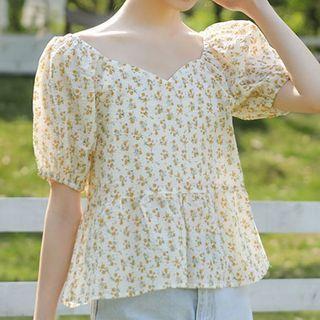 Puff-sleeve Floral Cropped Chiffon Top