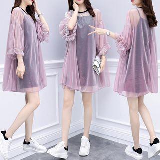 Set: 3/4-sleeve Sheer Panel Dress + Slipdress