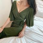 Set: V-neck Elbow-sleeve T-shirt + Drawstring Side-slit Wide-leg Pants