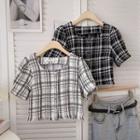 Short-sleeve Square-neck Frayed Blouse