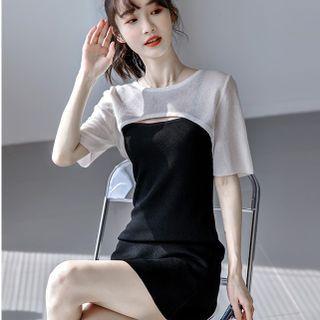 Set: Spaghetti Strap Mini Dress + Short-sleeve Knit Shrug
