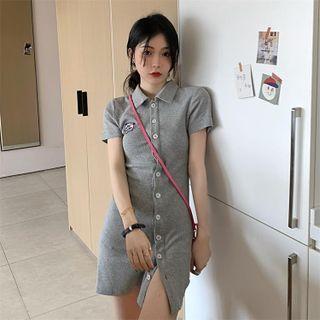 Polo-neck Plain Embroidered Button-up Dress