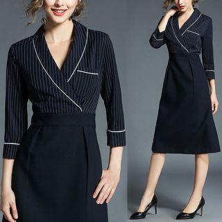 Pinstriped 3/4-sleeve A-line Dress