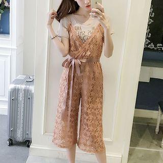 Set: Short-sleeve T-shirt + Lace Cropped Jumper Pants