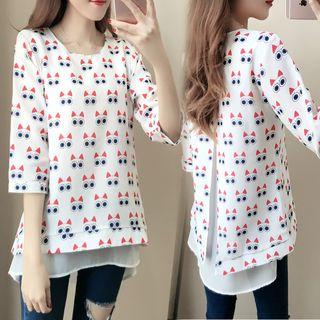 Cat Print 3/4 Sleeve Chiffon Top