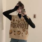 Long-sleeve Mock Neck Plain T-shirt / Sleeveless Print Vest