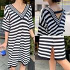 V-neck Stripe Knit T-shirt Dress