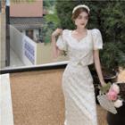 Puff-sleeve Embroidered Blouse / High-waist Embroidered Skirt