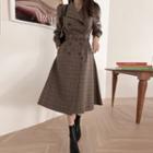 Double-breasted Plaid Long Coatdress With Belt One Size
