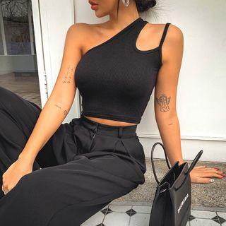 One-shoulder Cutout-accent Sleeveless Crop Top