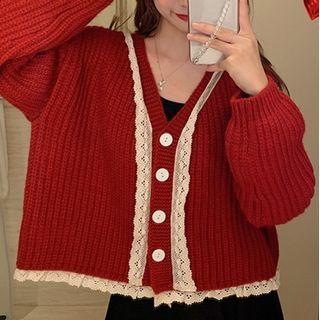 V-neck Lace Trim Cardigan
