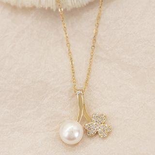 Clover Rhinestone Faux Pearl Pendant Alloy Necklace Gold - One Size