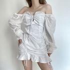 Long-sleeve Eyelet Drawstring Mini Dress