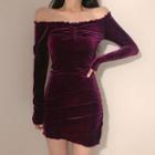 Long-sleeve Crinkled Velvet Mini Sheath Dress