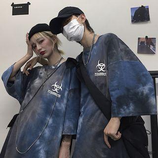Couple Matching Tie-dye Elbow-sleeve T-shirt As Shown In Figure - One Size