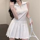 Halter-neck Half-zip Collared A-line Dress White - One Size