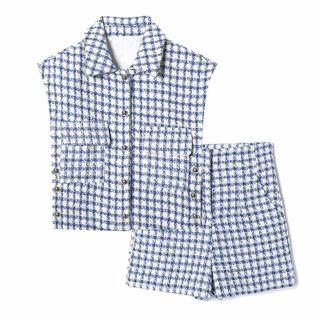 Houndstooth Tweed Button-up Vest / High-waist Shorts / Set