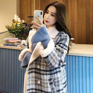 Faux-fur Lined Plaid Coat Sky Blue - One Size
