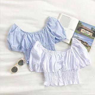 Plain Frilled Square-neck Puff-sleeve Top