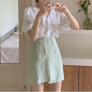 Puff-sleeve Frill Trim Chiffon Blouse / Irregular Mini Skirt