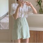 Puff-sleeve Frill Trim Chiffon Blouse / Irregular Mini Skirt