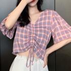 Drawstring-front Plaid Short-sleeve Cropped Blouse