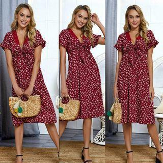 Short-sleeve Floral Print Knotted A-line Dress