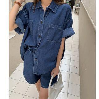 Short-sleeve Denim Shirt / High Waist Shorts
