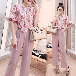 Set: Short-sleeve Floral Print Chiffon Blouse + Straight-fit Pants