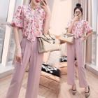 Set: Short-sleeve Floral Print Chiffon Blouse + Straight-fit Pants