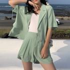 Set: Single-breasted Elbow-sleeve Blazer + High-waist Wide-leg Shorts
