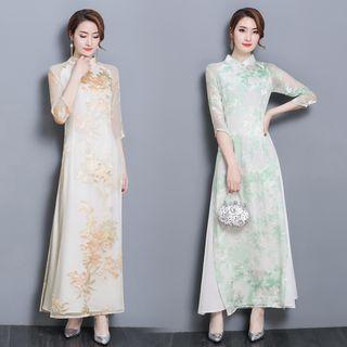 Elbow-sleeve Mandarin Collar Jacquard Maxi Dress