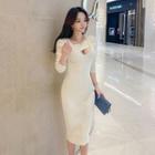 Long-sleeve Cut-out Knit Sheath Dress Almond - One Size