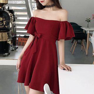 Elbow-sleeve Off Shoulder A-line Mini Dress