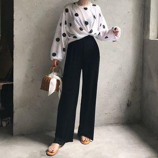 Long-sleeve Dotted Top / Wide Leg Pants