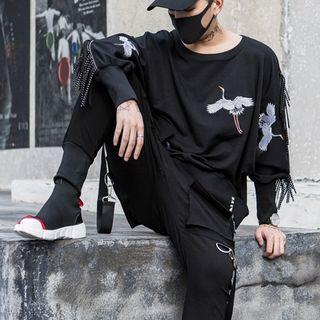 Crane Embroidered Fringed Sweatshirt Black - One Size