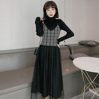 Set: Long-sleeve Mesh Panel Midi A-line Dress + Plaid Camisole Top