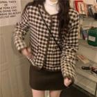 Mock Neck Plain Top / Plaid Coat / High-waist Plain Skirt