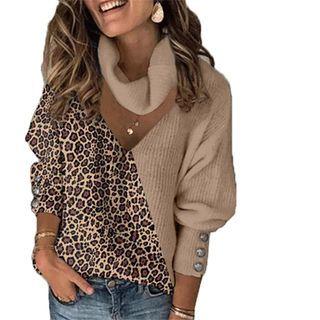 Long Sleeve Mock Neck Leopard Print Paneled Sweater