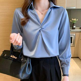 Long-sleeve Open Collar Twist Blouse