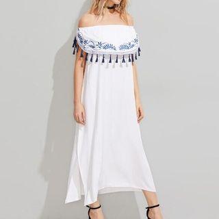 Off-shoulder Embroidered A-line Maxi Dress