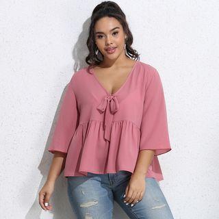 Plus Size Elbow-sleeve V-neck Bow Blouse