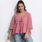 Plus Size Elbow-sleeve V-neck Bow Blouse