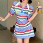 Elbow-sleeve Polo-neck Striped Mini T-shirt Dress Stripe - Blue - One Size